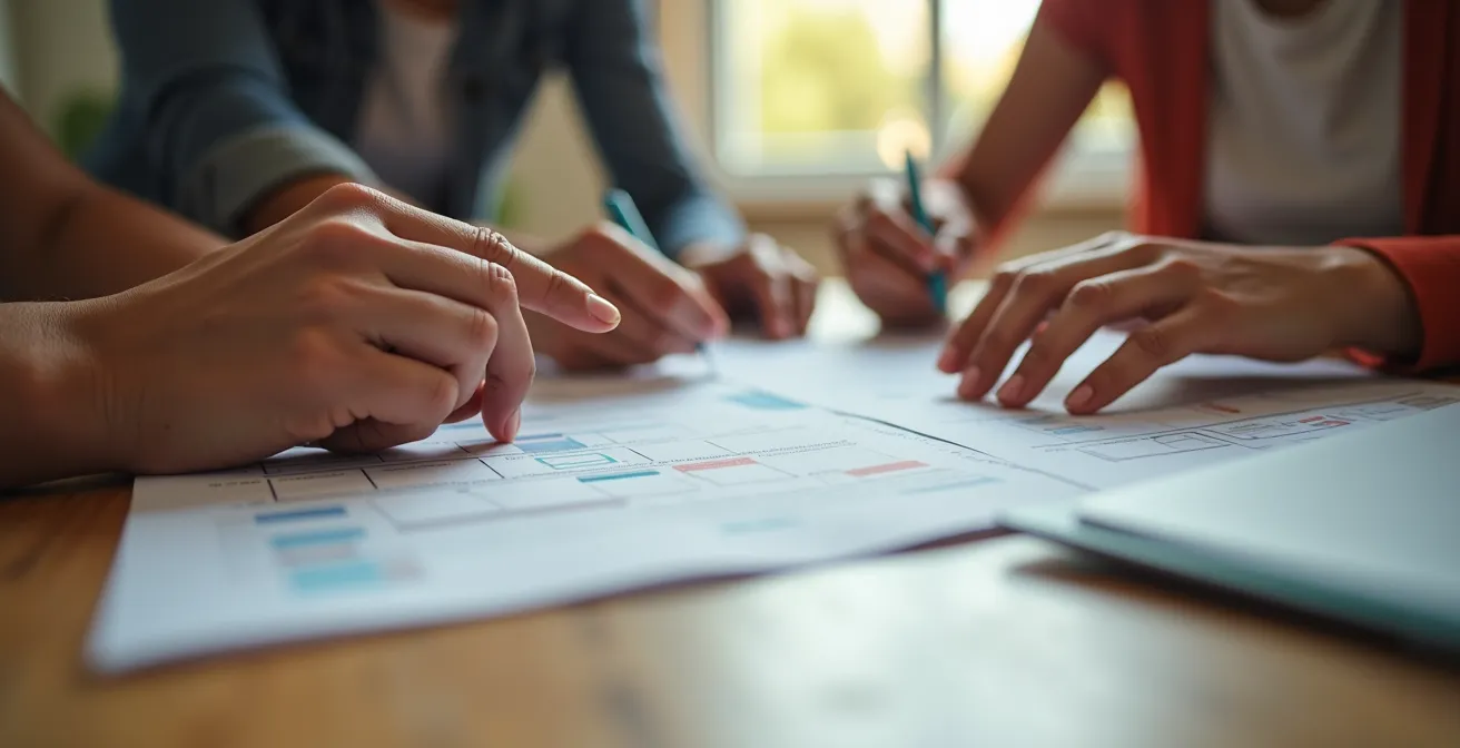 Mains féminines autour d'une table avec cartes, calculatrice et planning coloré