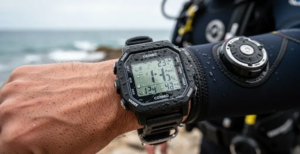 Gros plan sur écran d'ordinateur de plongée allumé avec gouttelettes d'eau