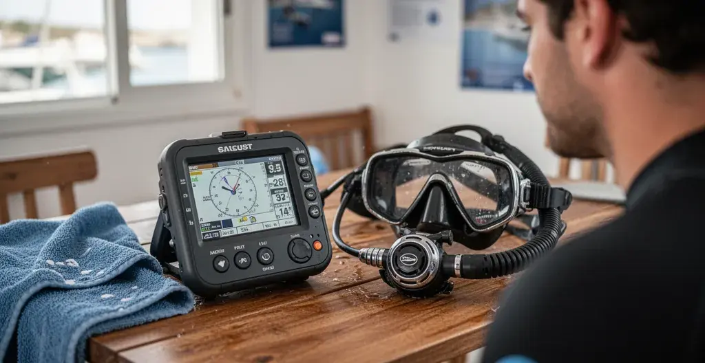Ordinateur de plongée posé sur table avec masque et détendeur dans club de plongée