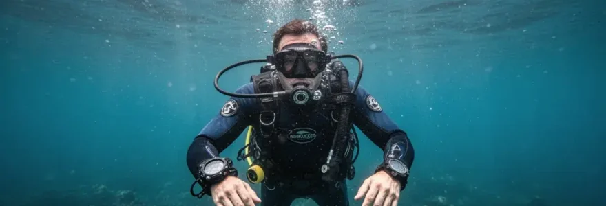 Plongeur équipé remontant vers la surface avec ordinateur de plongée visible au poignet