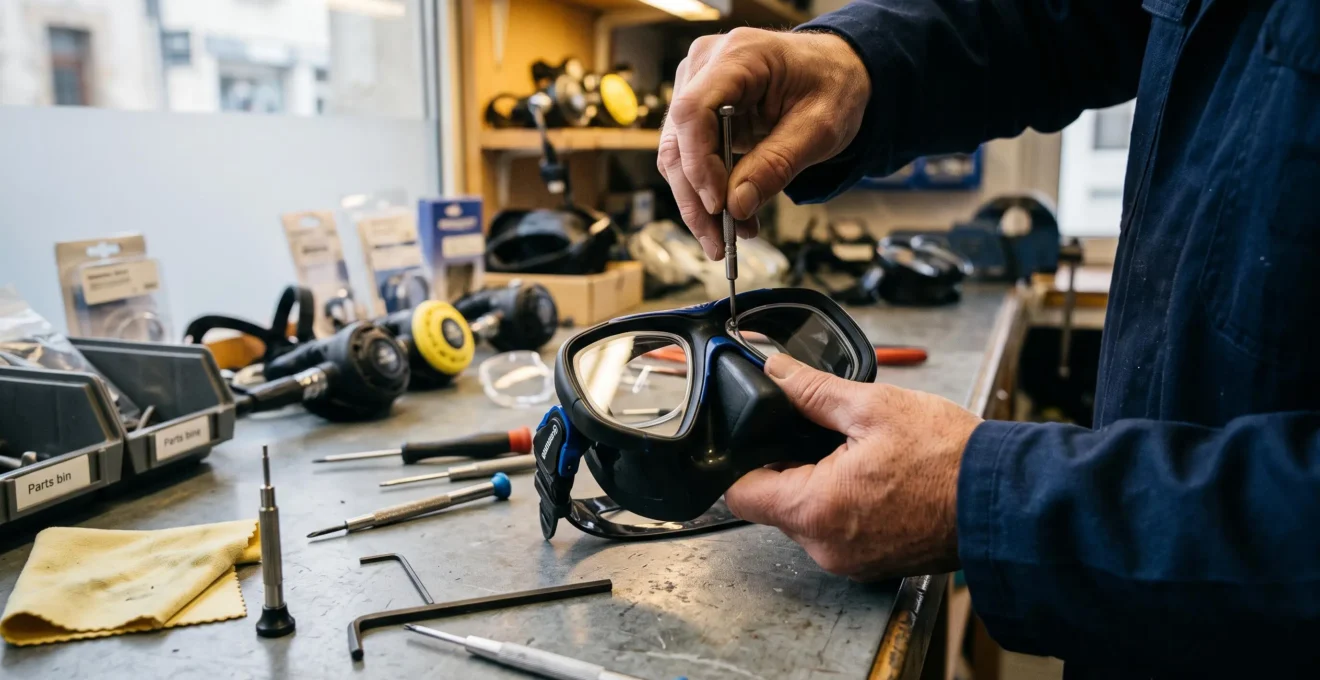 Mains d'un technicien installant un verre correcteur dans un masque de plongée sur un plan de travail d'atelier
