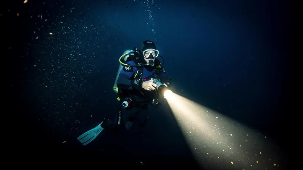 Plongeur effectuant une plongée de nuit en pleine eau, sa lampe créant un faisceau lumineux visible dans l'obscurité sous-marine