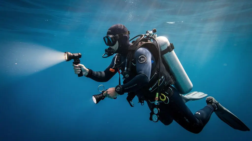Plongeur sous-marin équipé d'une lampe principale tenue en main et d'une lampe de secours attachée à son gilet stabilisateur