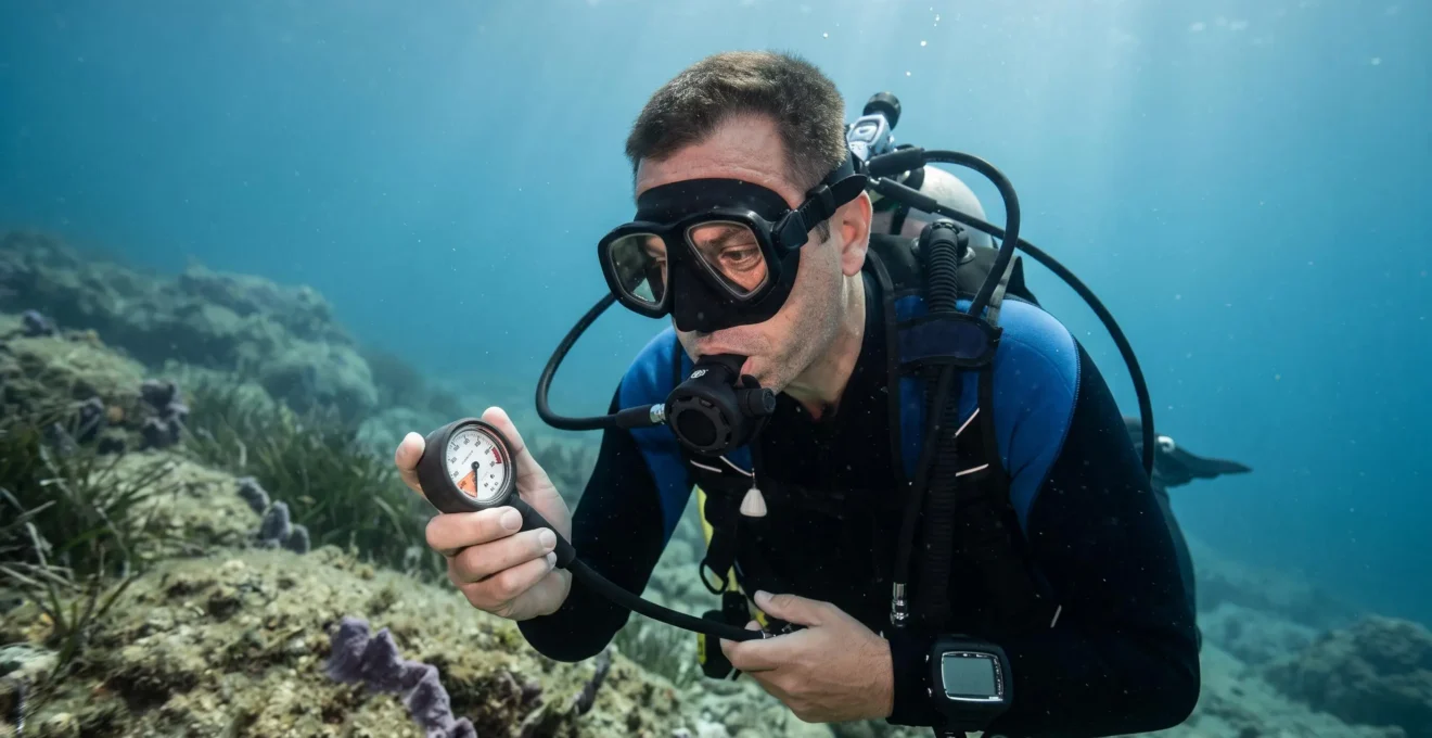 Plongeur sous-marin consultant son manomètre de pression tout en portant un masque de plongée avec verres correcteurs